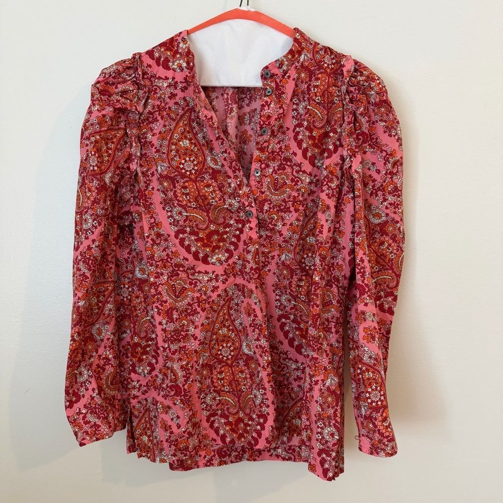 J. Crew Pink Paisley V-Neck Blouse